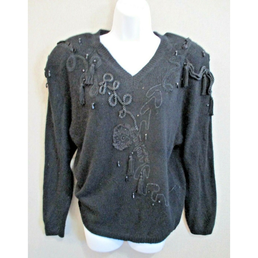 VTG Rebecca Stone Black Sweater Size Small Tassles Beaded Embellished Silk Blend